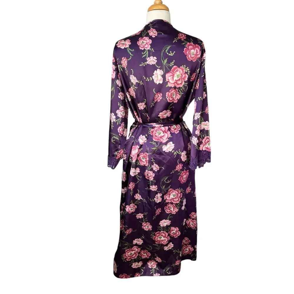 Amoureuse Peignoir Purple Floral Robe Belted Lace Liquid Satin Lounge Medium
